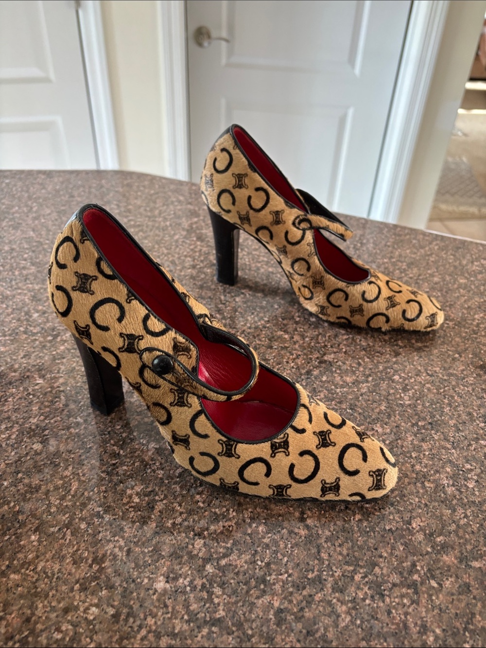 Celine Paris Ladies Tan Logo-Print Pony hair Red Interior Mary Jane Heels-5 - Picture 3 of 9